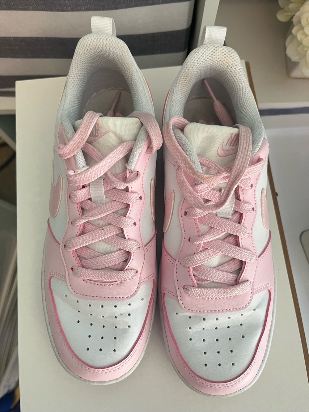 Nike White and Light Pink Court Low-Top Sneakers